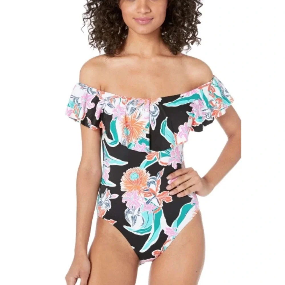 Trina Turk Women's Tropic Wave Over the Shoulder Bandeau One Piece‎ Size 10